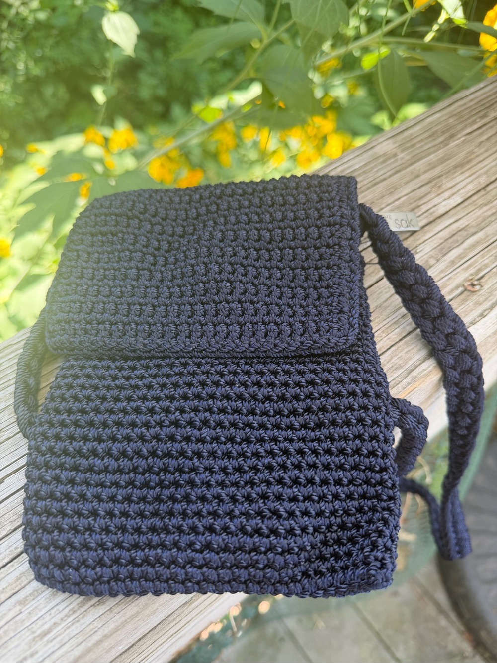 Vintage The Sak Navy Macrame Crossbody Bag 7” Ht X 5” W Preowned Strap 44”